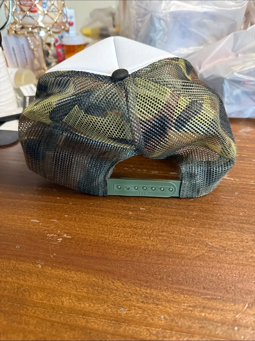 OTTO White Front Trucker Hat with Green Camo Bill